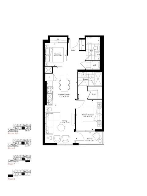Floor plan for 2 beds, 2 baths, 789 sqft